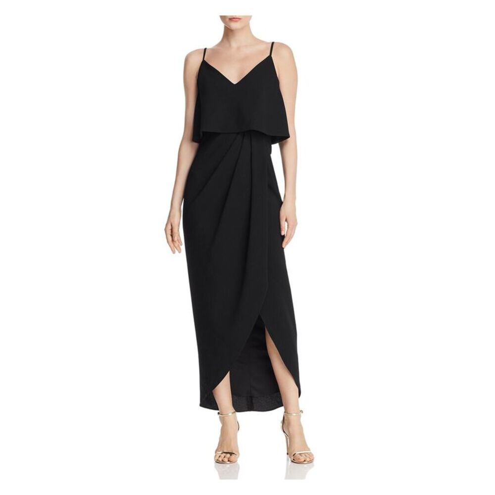 AQUA DRESSES Womens Black Spaghetti Strap V Neck Tea-Length Formal Hi-Lo Dress 0